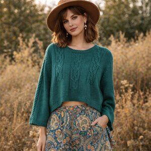 Mags & Pye Sweater OS Hunter Green Oversized Loose Fit Cable Knit Open Back Crop